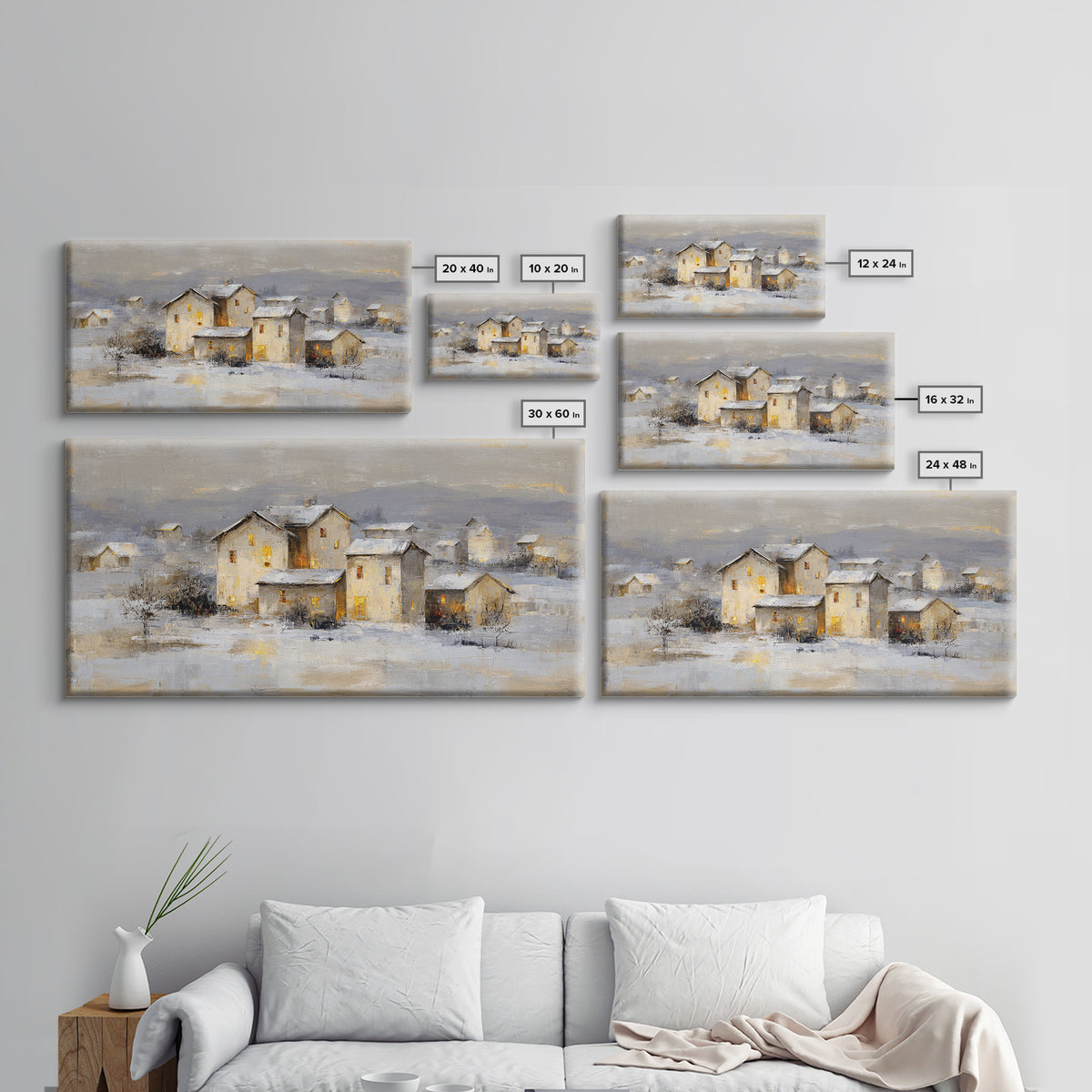 Snowy Village with Warm Glowing Windows Framed Canvas Print, Impressionist Art, Art Print, Living Room Decor, Impression, IMP-2x1-9
