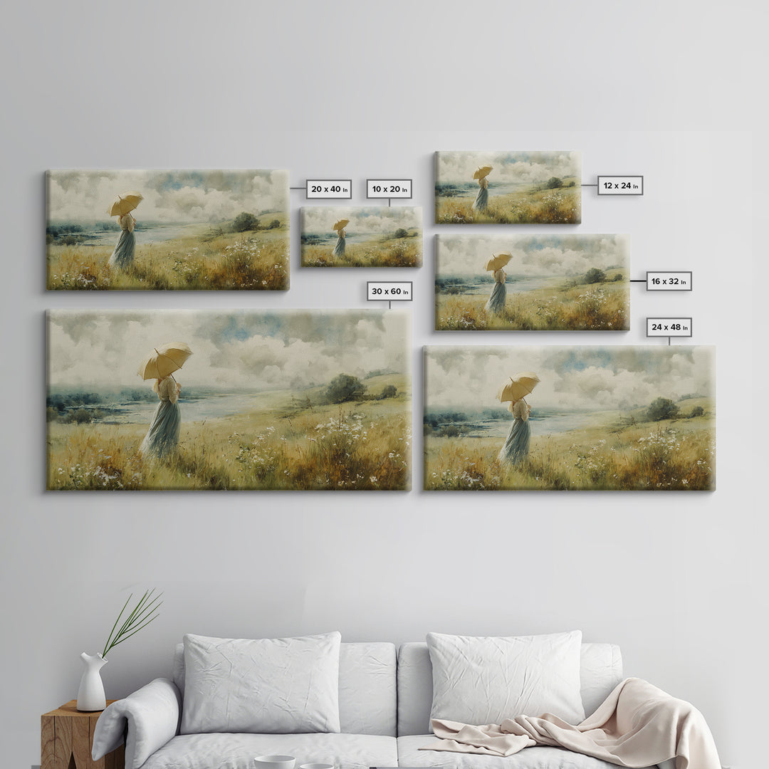 Woman with Parasol in Breezy Meadow Framed Canvas Print, Impressionist Art, Neutral Decor, Living Room Decor, Impression, IMP-2x1-95