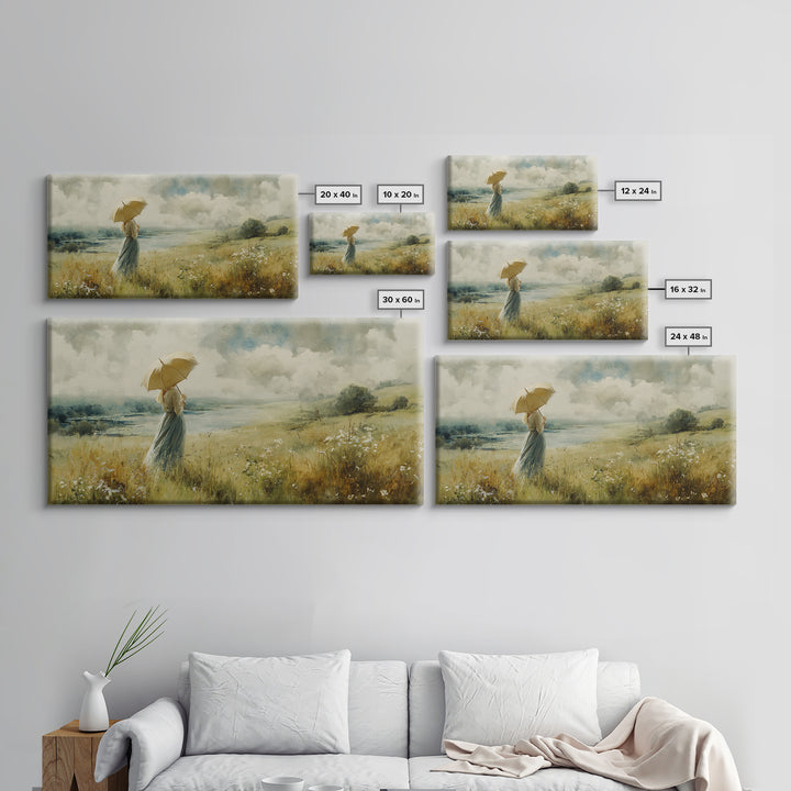 Woman with Parasol in Breezy Meadow Framed Canvas Print, Impressionist Art, Neutral Decor, Living Room Decor, Impression, IMP-2x1-95