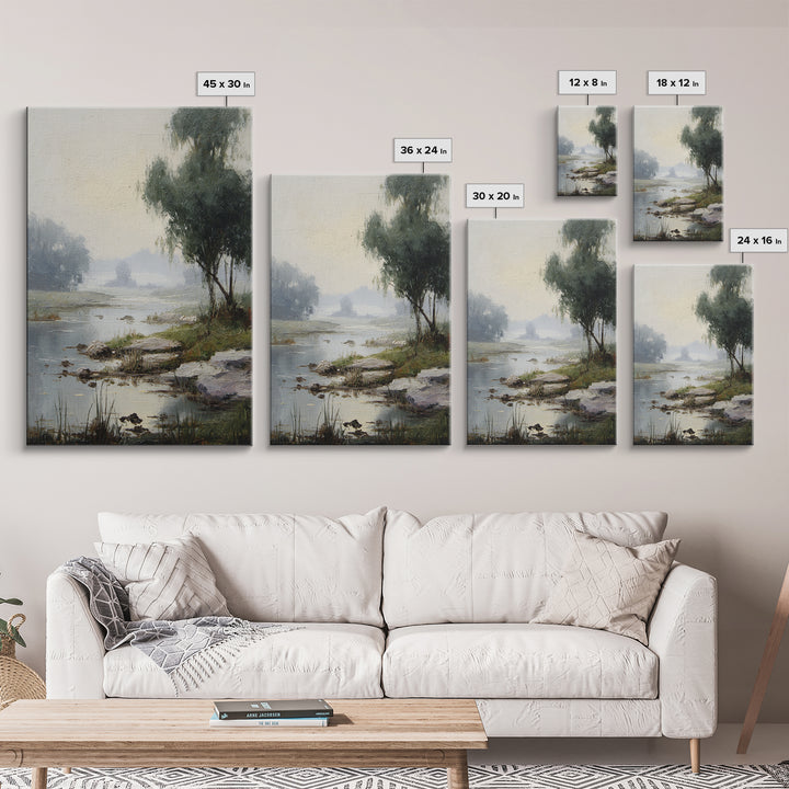 Misty Riverbank with Willow Trees Framed Canvas Print, Impressionist Art, Contemporary Art, Living Room Decor, Impression, IMP-2x3-19