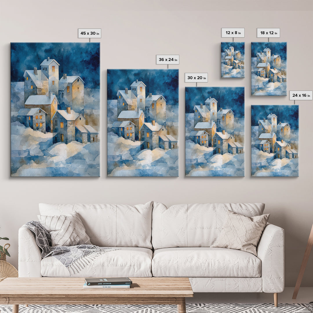 Snowy Village with Warm Glowing Windows Framed Canvas Print, Impressionist Art, Oil Painting, Living Room Decor, Impression, IMP-2x3-21
