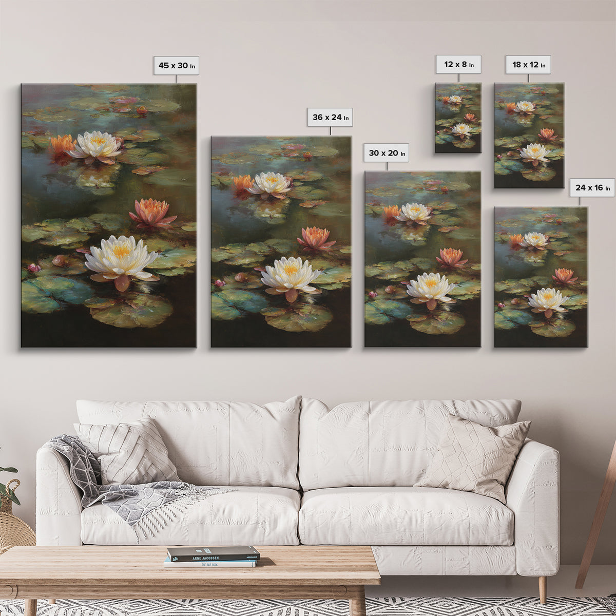 Water Lilies Floating on a Sunlit Pond Canvas Print, Impressionist Art, Wall Art Framed, Living Room Decor, Impression, IMP-2x3-33