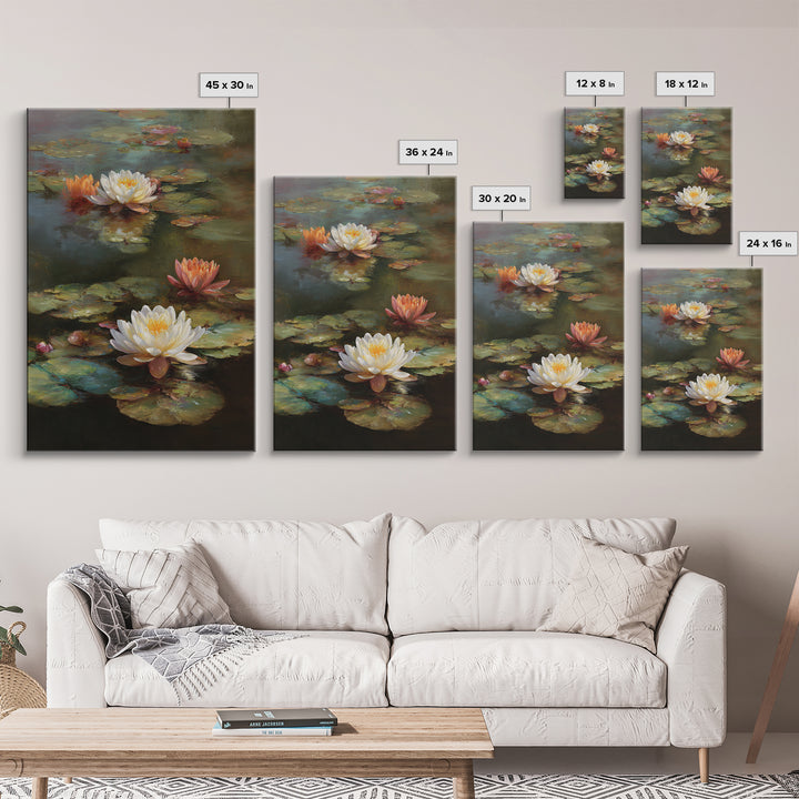 Water Lilies Floating on a Sunlit Pond Canvas Print, Impressionist Art, Wall Art Framed, Living Room Decor, Impression, IMP-2x3-33