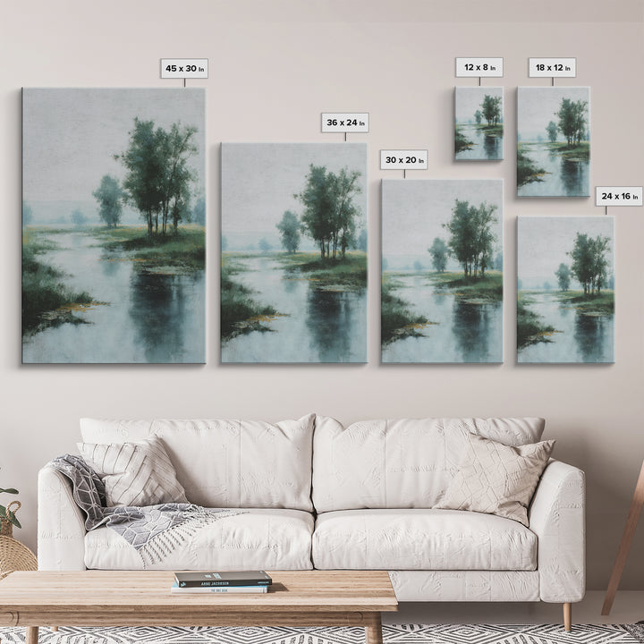 Misty Riverbank with Willow Trees Framed Canvas Print, Impressionist Art, Textured Wall Art, Living Room Decor, Impression, IMP-2x3-43