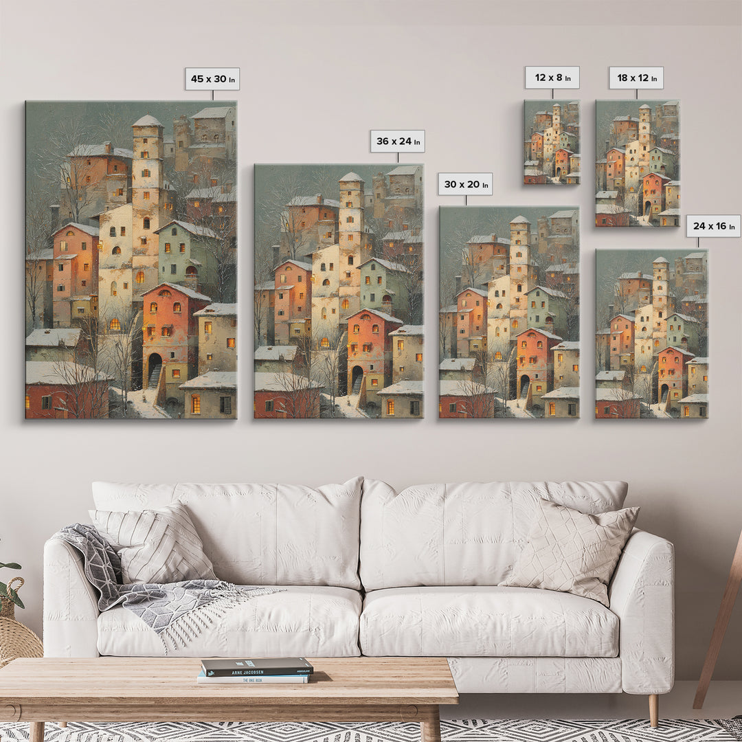 Snowy Village with Warm Glowing Windows Canvas Print, Impressionist Art, Farmhouse Decor, Living Room Decor, Impression, IMP-2x3-45