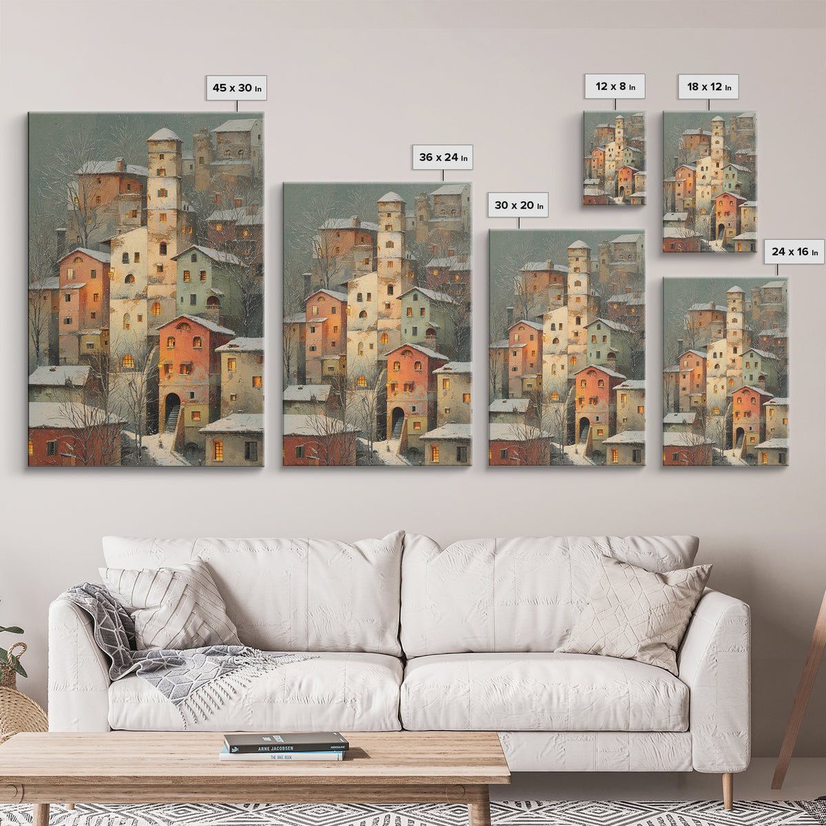 Snowy Village with Warm Glowing Windows Canvas Print, Impressionist Art, Farmhouse Decor, Living Room Decor, Impression, IMP-2x3-45