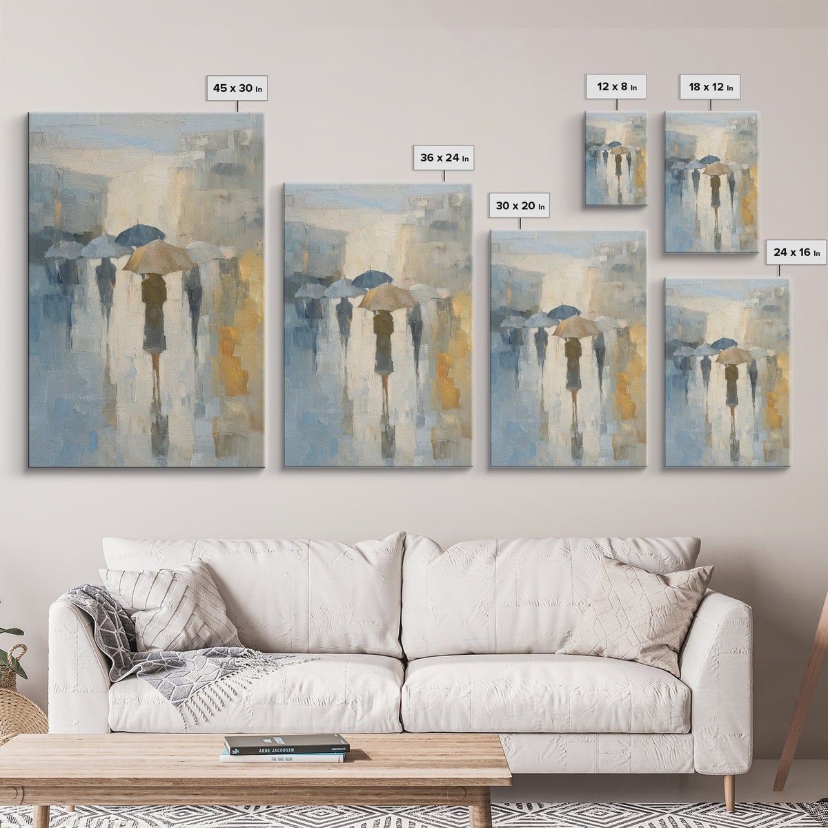 Rainy Boulevard with Umbrella Shapes Canvas Print, Impressionist Art, Horizontal Wall Art, Living Room Decor, Impression, IMP-2x3-53