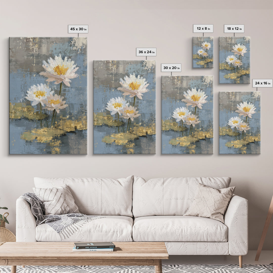 Water Lilies Floating on a Sunlit Pond Canvas Print, Impressionist Art, Floral Wall Art, Living Room Decor, Oil Painting, IMP-2x3-57