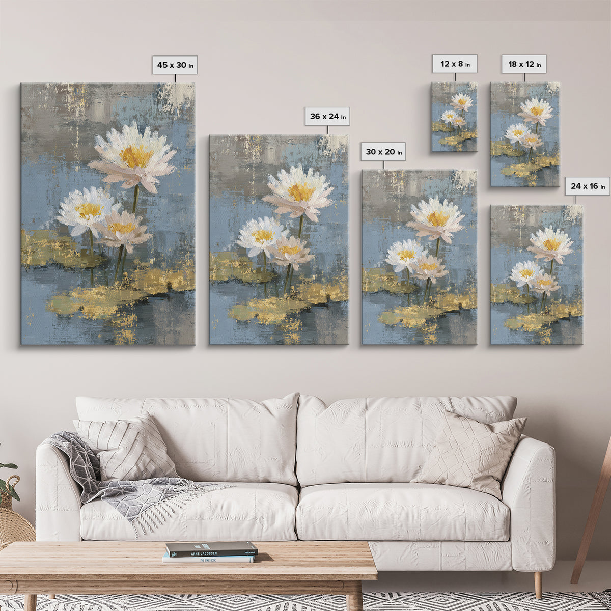 Water Lilies Floating on a Sunlit Pond Canvas Print, Impressionist Art, Floral Wall Art, Living Room Decor, Oil Painting, IMP-2x3-57