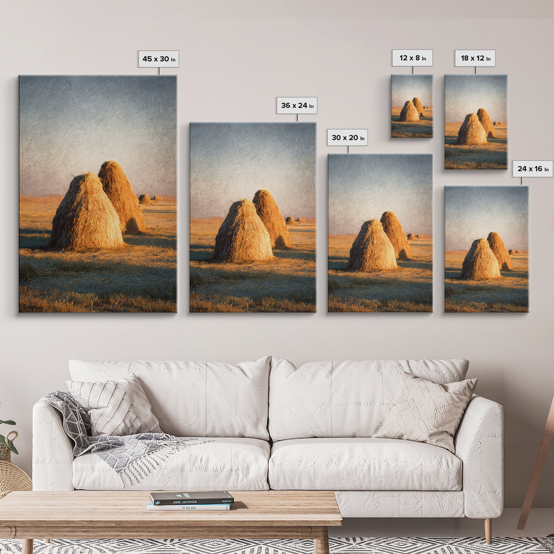 Haystacks Glowing at Golden Hour Framed Canvas Print, Impressionist Art, Bedroom Decor, Living Room Decor, Fine Art, Impression, IMP-2x3-60