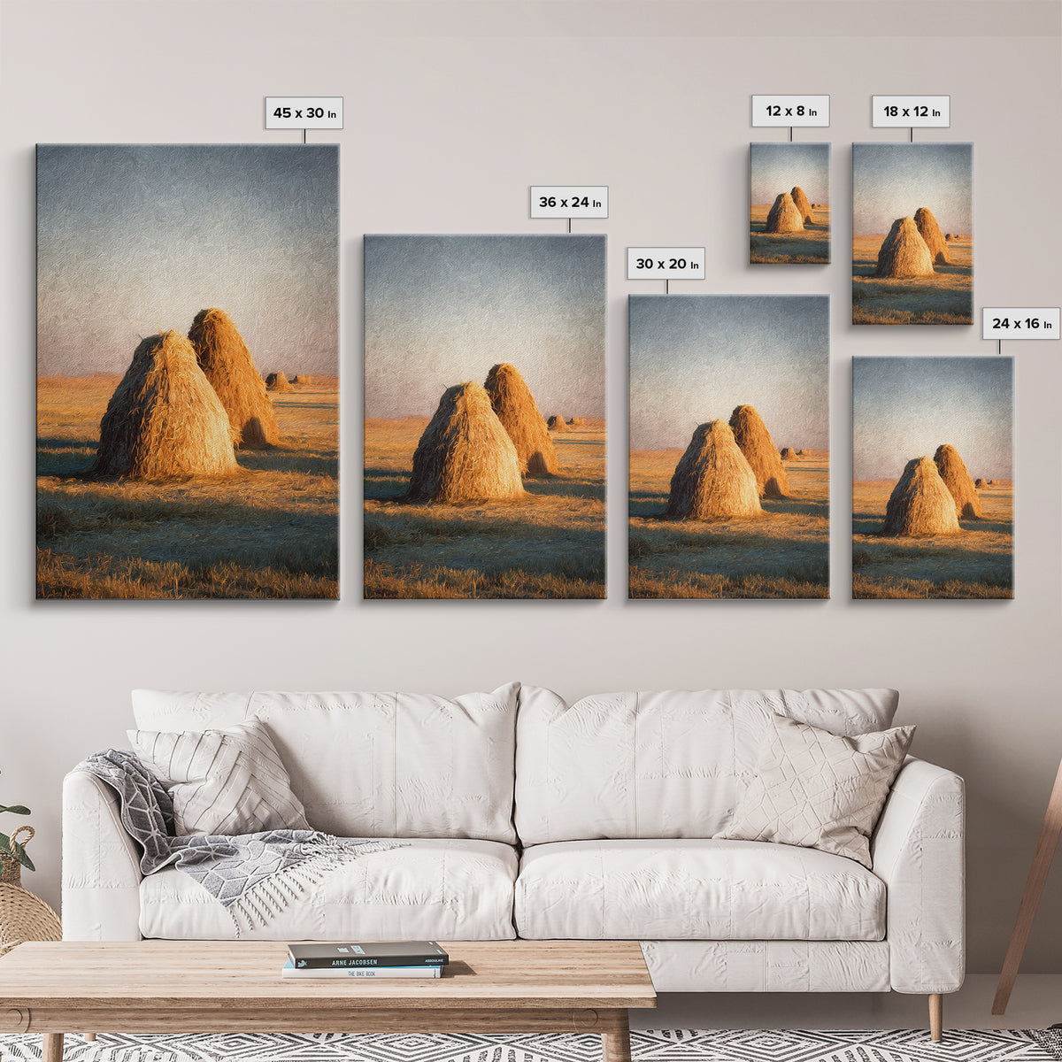 Haystacks Glowing at Golden Hour Framed Canvas Print, Impressionist Art, Bedroom Decor, Living Room Decor, Fine Art, Impression, IMP-2x3-60