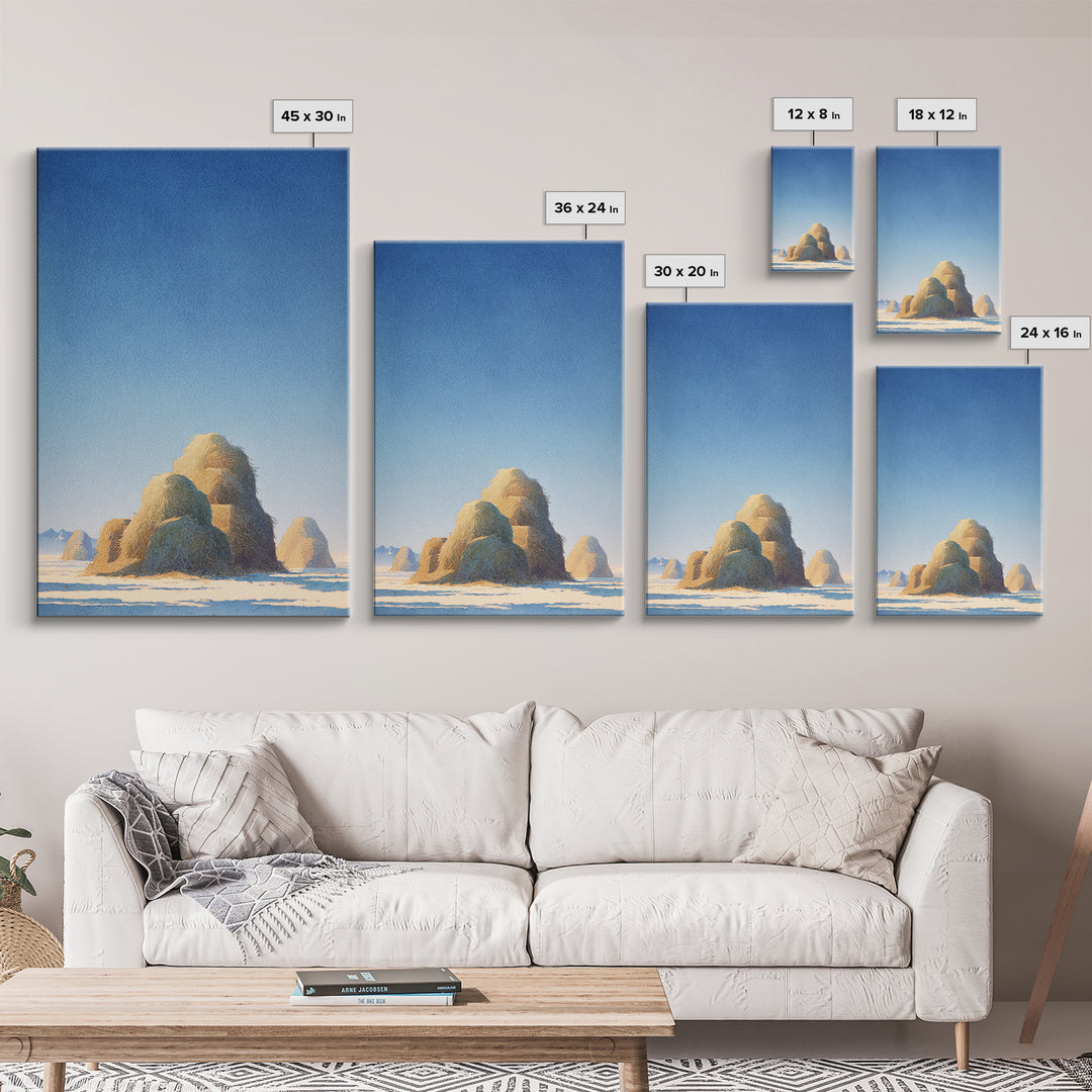Haystacks Glowing at Golden Hour Framed Canvas Print, Impressionist Art, Modern Decor, Living Room Decor, Fine Art, Impression, IMP-2x3-84