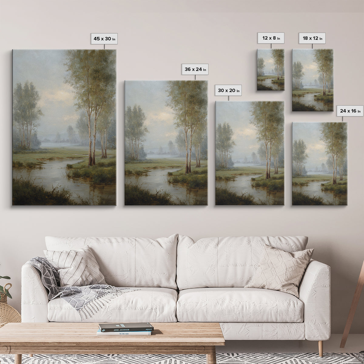 Misty Riverbank with Willow Trees Canvas Print, Impressionist Art, Flower Print, Living Room Decor, Fine Art, Impression, IMP-2x3-91