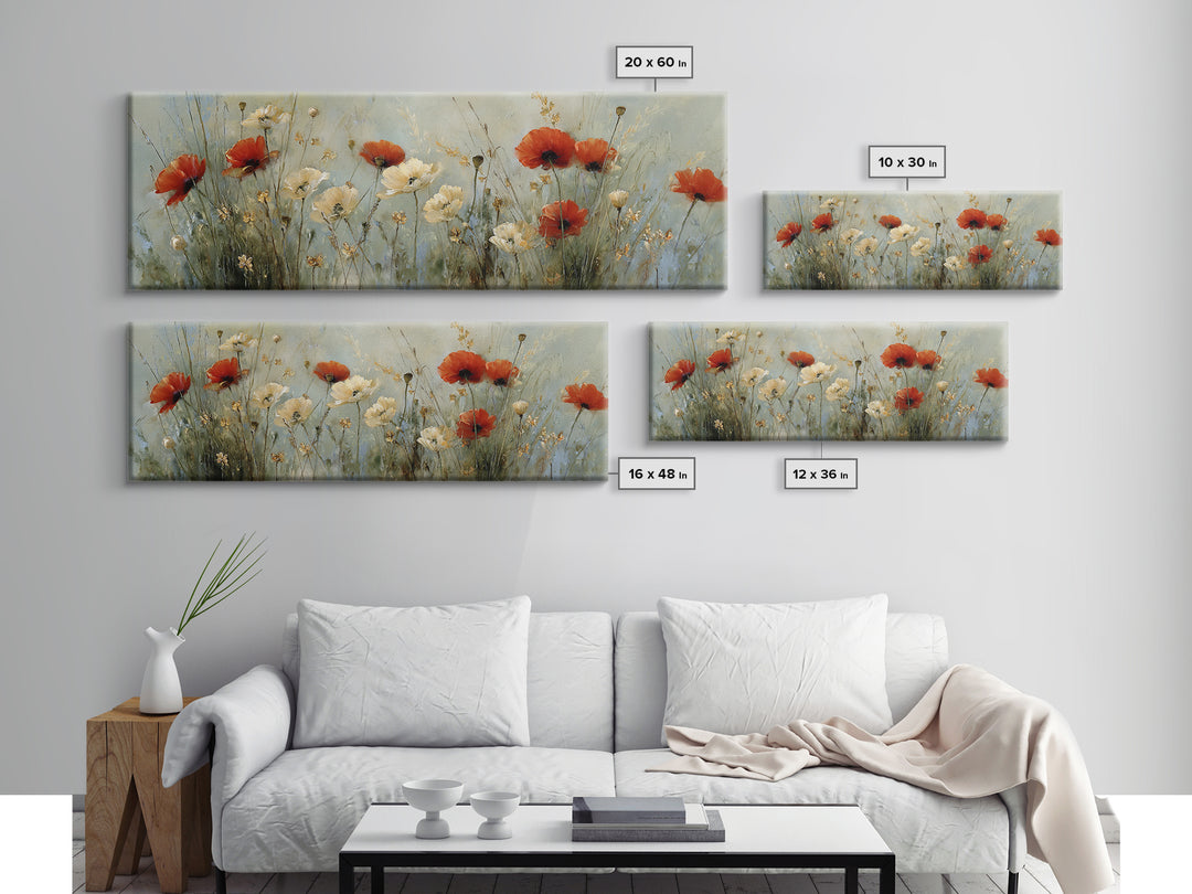 Poppies Blowing Through Green Grass Canvas Print, Impressionist Art, Living Room Decor, Abstract Art, Impression, IMP-3x1-100