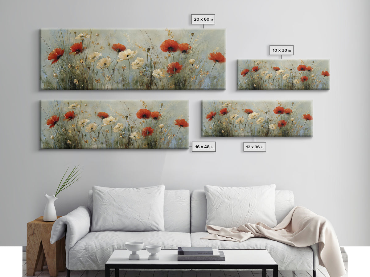 Poppies Blowing Through Green Grass Canvas Print, Impressionist Art, Living Room Decor, Abstract Art, Impression, IMP-3x1-100