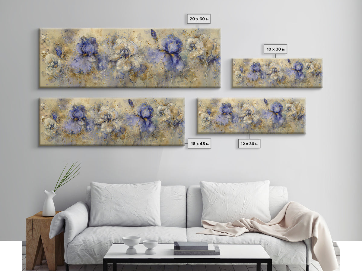 Iris Garden with Blue Violet Strokes Framed Canvas Print, Impressionist Art, Landscape Wall Art, Living Room Decor, Impression, IMP-3x1-12