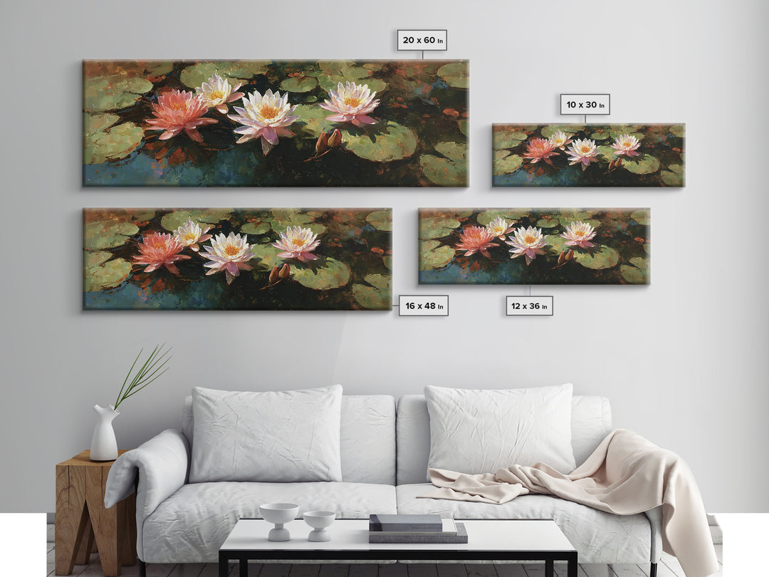Water Lilies Floating on a Sunlit Pond Framed Canvas Print, Impressionist Art, Gallery Wall Art, Living Room Decor, Impression, IMP-3x1-17