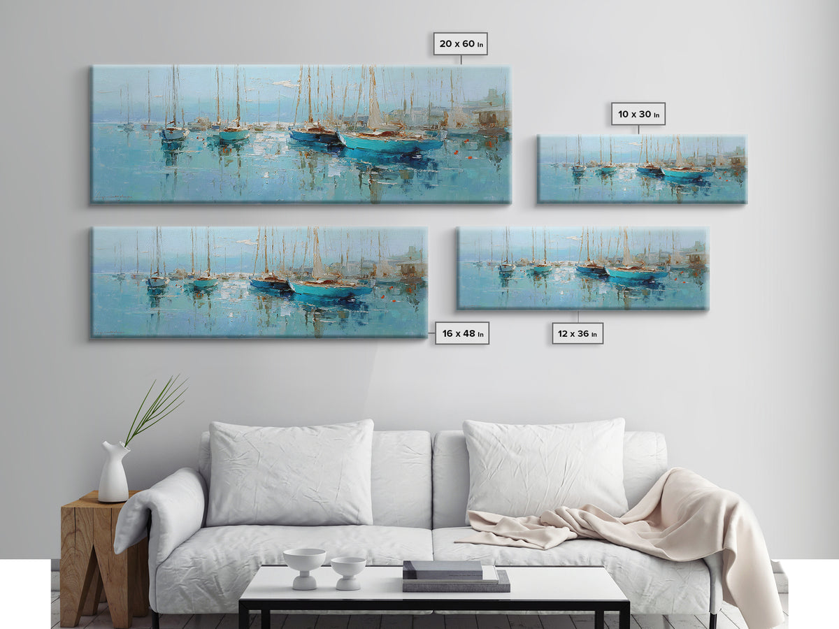 Sailboats on a Bright Sparkling Harbor Canvas Print, Impressionist Art, Landscape Art, Living Room Decor, Abstract Art, IMP-3x1-25