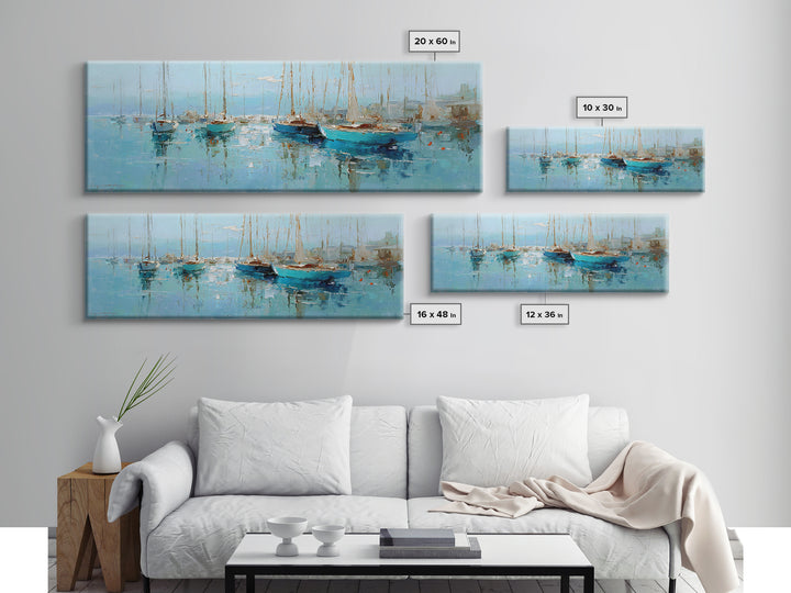 Sailboats on a Bright Sparkling Harbor Canvas Print, Impressionist Art, Landscape Art, Living Room Decor, Abstract Art, IMP-3x1-25