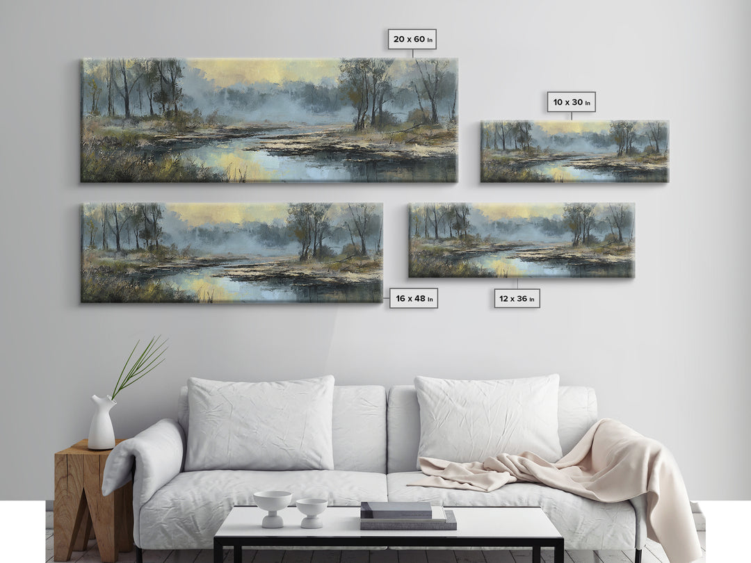 Misty Riverbank with Willow Trees Framed Canvas Print, Impressionist Art, Textured Painting, Living Room Decor, Impression, IMP-3x1-27