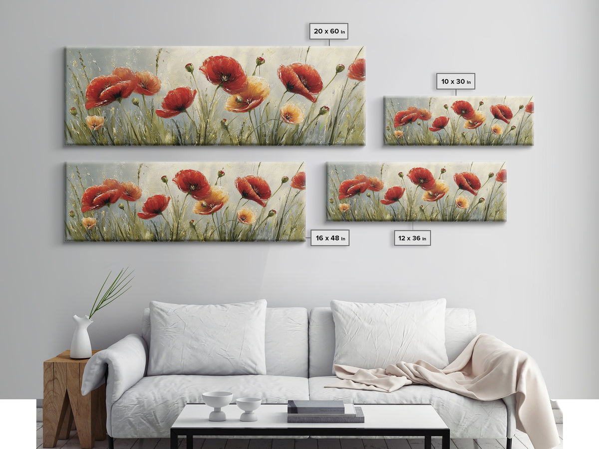 Poppies Blowing Through Green Grass Framed Canvas Print, Impressionist Art, Living Room Art, Living Room Decor, Oil Painting, IMP-3x1-28