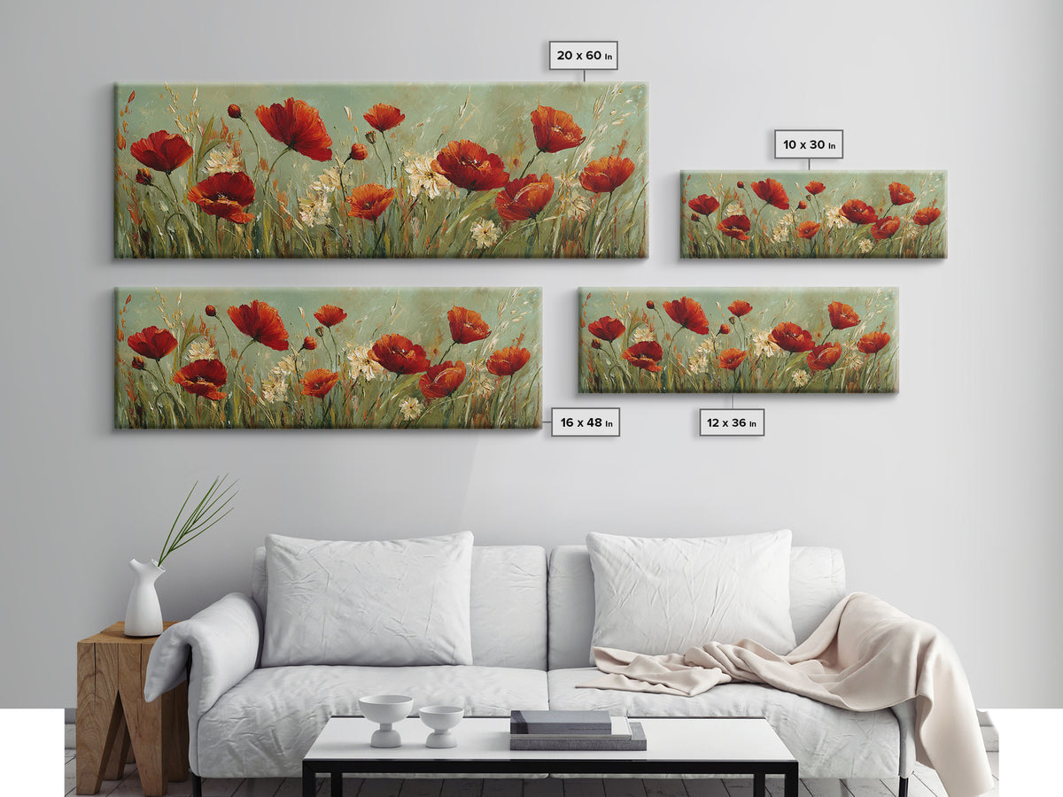 Poppies Blowing Through Green Grass Canvas Print, Impressionist Art, Landscape Painting, Living Room Decor, Watercolor Art, IMP-3x1-4