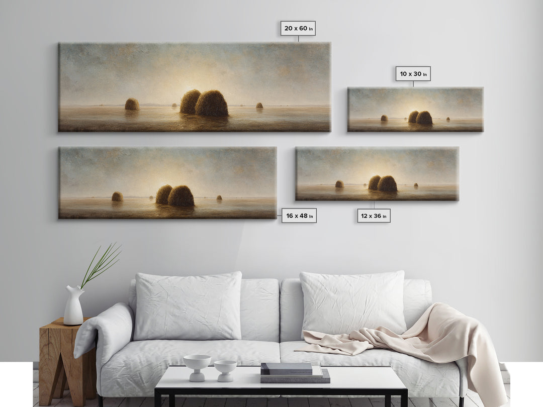 Haystacks Glowing at Golden Hour Framed Canvas Print, Impressionist Art, Modern Decor, Living Room Decor, Fine Art, Impression, IMP-3x1-44