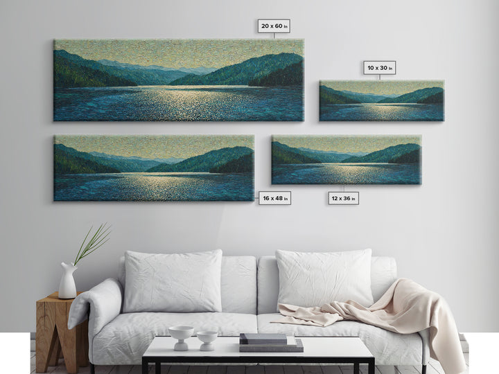 Mountain Lake with Sparkling Reflections Framed Canvas Print, Impressionist Art, Luxury Decor, Living Room Decor, Impression, IMP-3x1-64