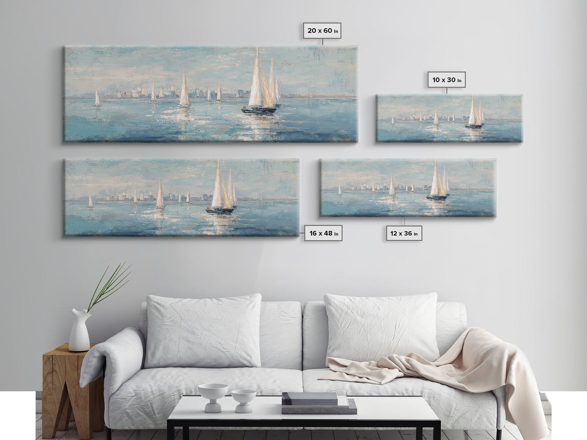 Sailboats on a Bright Sparkling Harbor Framed Canvas Print, Impressionist Art, Neutral Decor, Living Room Decor, Impression, IMP-3x1-73
