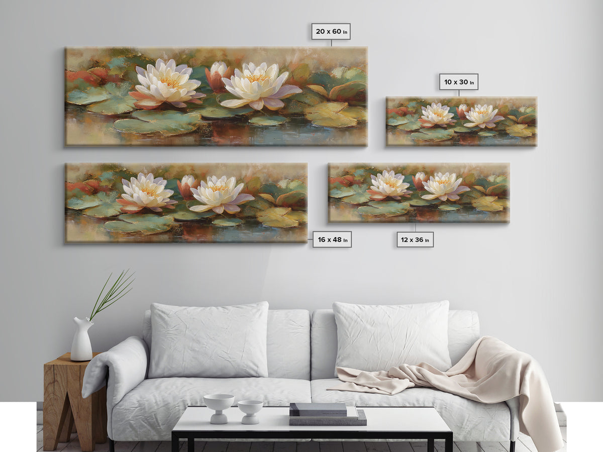 Water Lilies Floating on a Sunlit Pond Framed Canvas Print, Impressionist Art, Boho Decor, Living Room Decor, Oil Painting, IMP-3x1-89