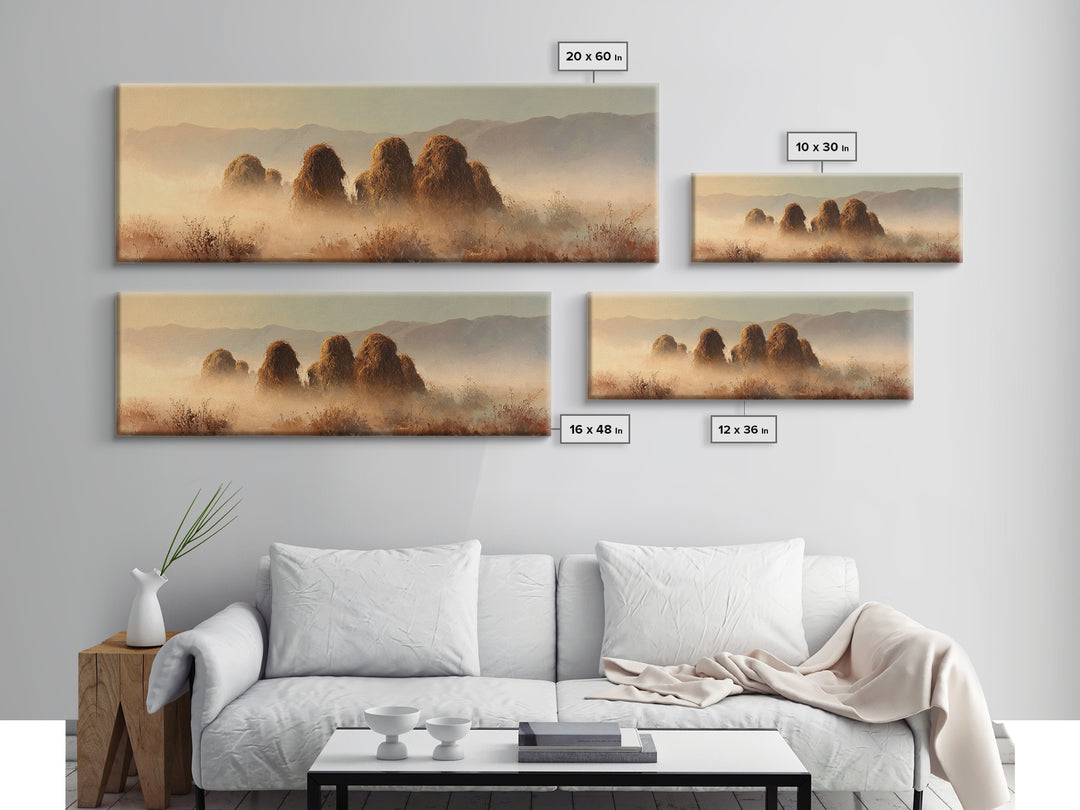 Haystacks Glowing at Golden Hour Canvas Print, Impressionist Art, Oil Painting, Living Room Decor, Impression, Coastal Wall Art, IMP-3x1-92