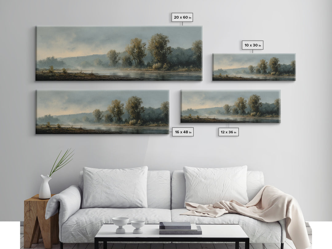 Misty Riverbank with Willow Trees Framed Canvas Print, Impressionist Art, Large Wall Art, Living Room Decor, Impression, IMP-3x1-99