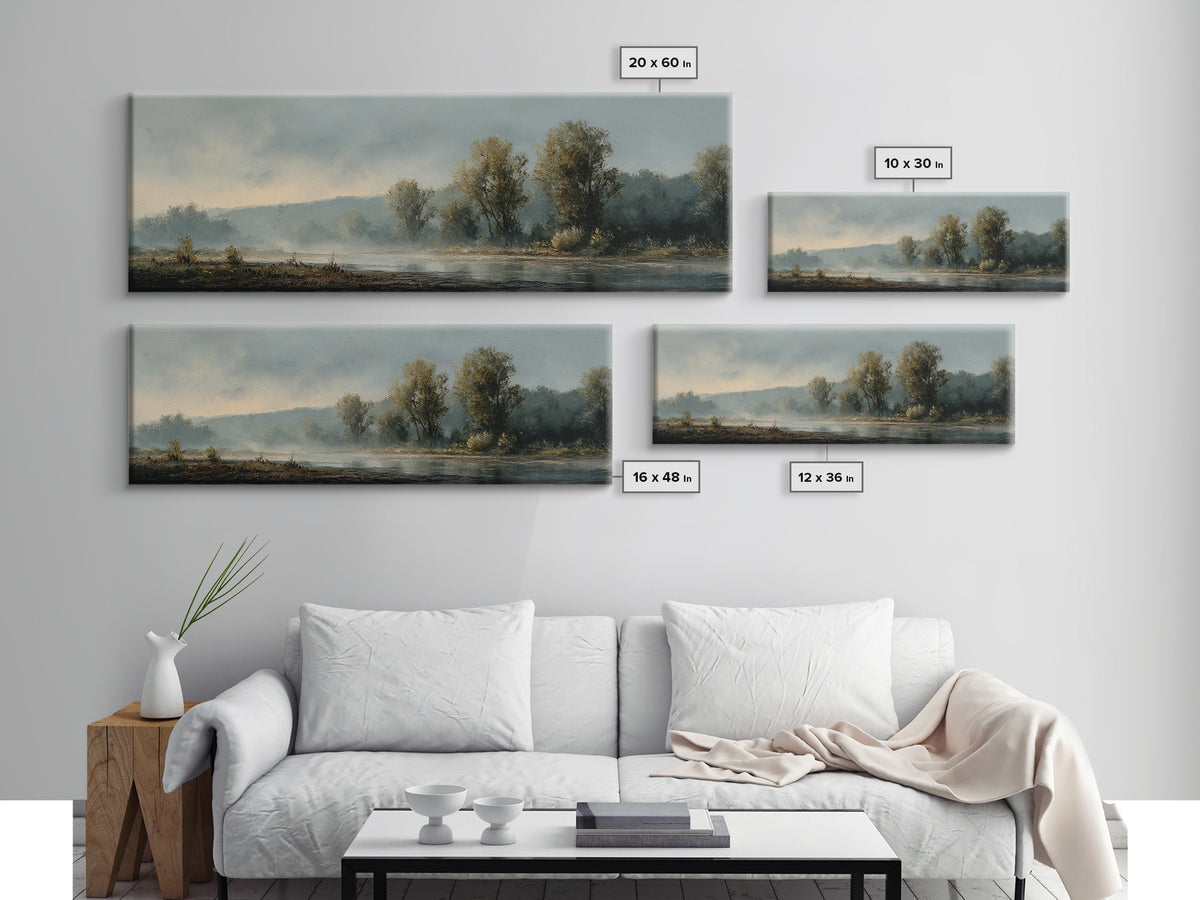 Misty Riverbank with Willow Trees Framed Canvas Print, Impressionist Art, Large Wall Art, Living Room Decor, Impression, IMP-3x1-99