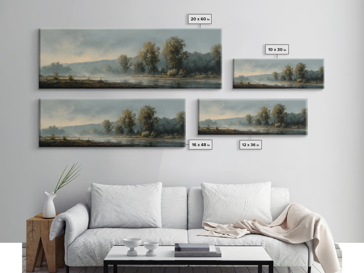 Misty Riverbank with Willow Trees Framed Canvas Print, Impressionist Art, Large Wall Art, Living Room Decor, Impression, IMP-3x1-99