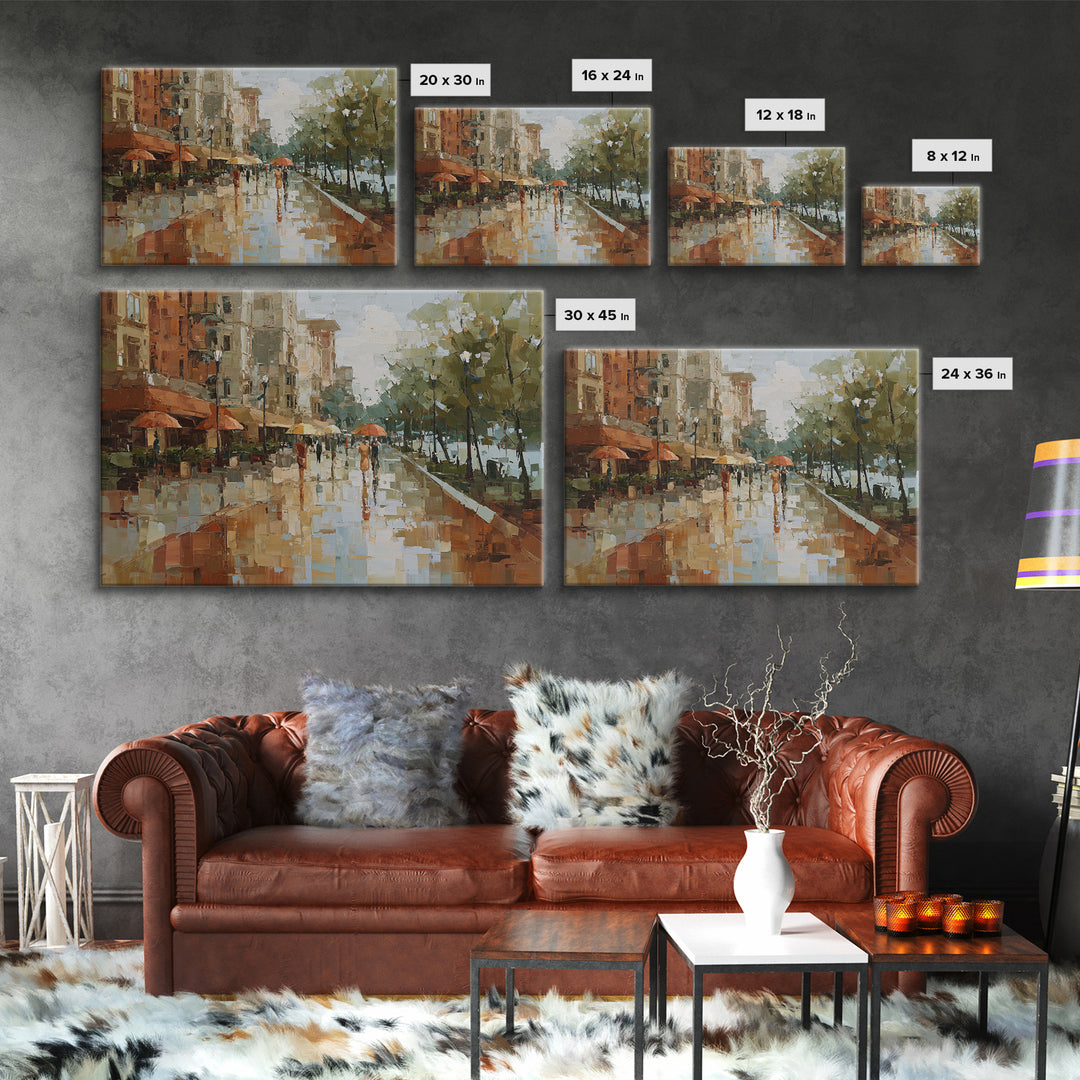 Rainy Boulevard with Umbrella Shapes Canvas Print, Impressionist Art, Abstract Painting, Living Room Decor, Abstract Art, IMP-3x2-1