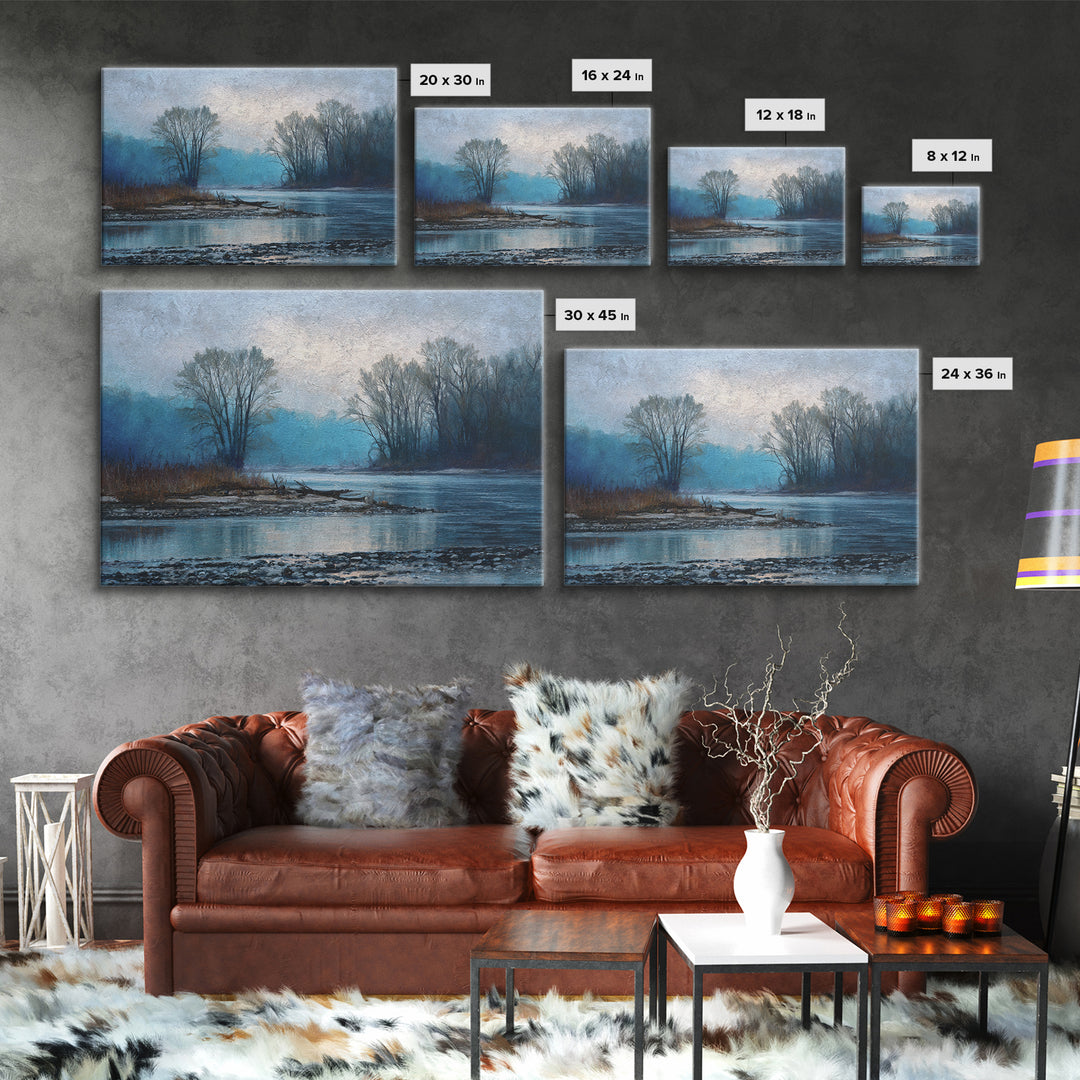 Misty Riverbank with Willow Trees Framed Canvas Print, Impressionist Art, Coastal Wall Art, Living Room Decor, Impression, IMP-3x2-15