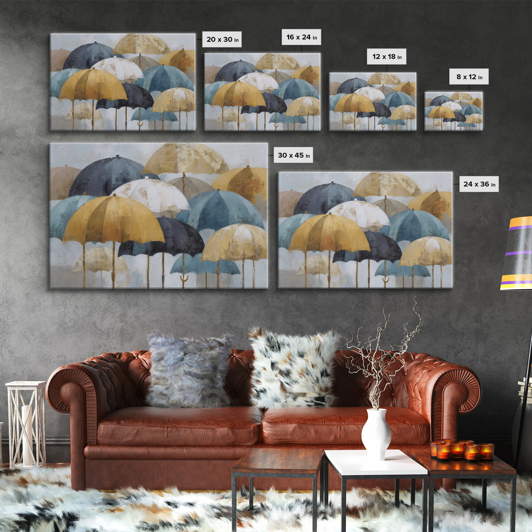 Rainy Boulevard with Umbrella Shapes Framed Canvas Print, Impressionist Art, Landscape Art, Living Room Decor, Impression, IMP-3x2-25