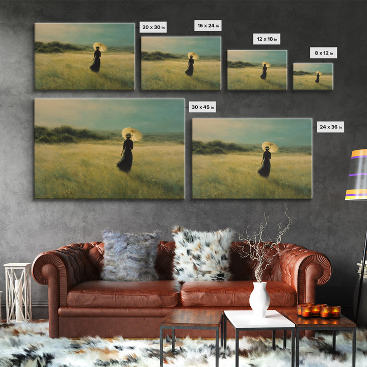 Woman with Parasol in Breezy Meadow Framed Canvas Print, Impressionist Art, Statement Artwork, Living Room Decor, Impression, IMP-3x2-31