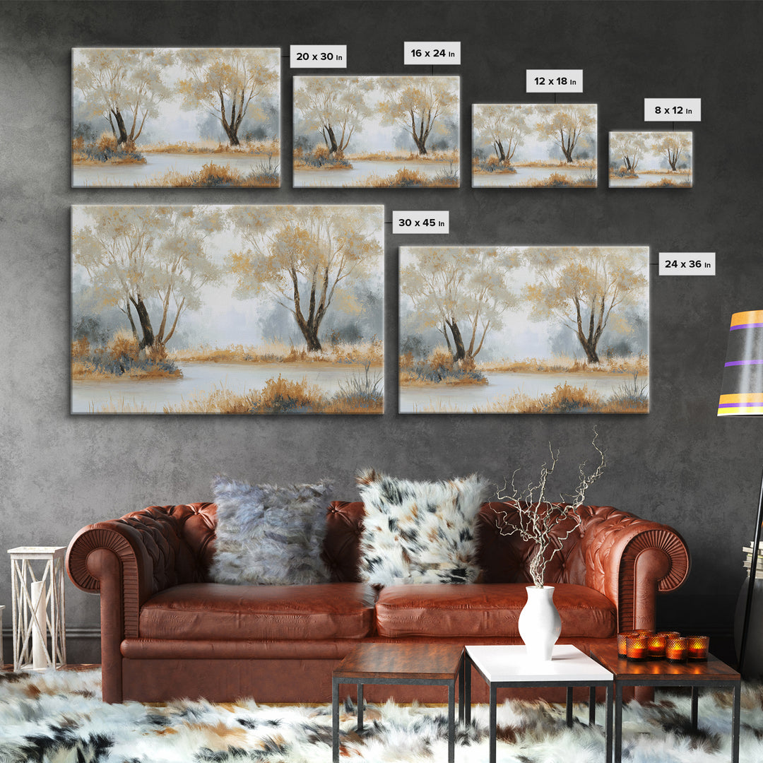 Misty Riverbank with Willow Trees Framed Canvas Print, Impressionist Art, Contemporary Art, Living Room Decor, Impression, IMP-3x2-39
