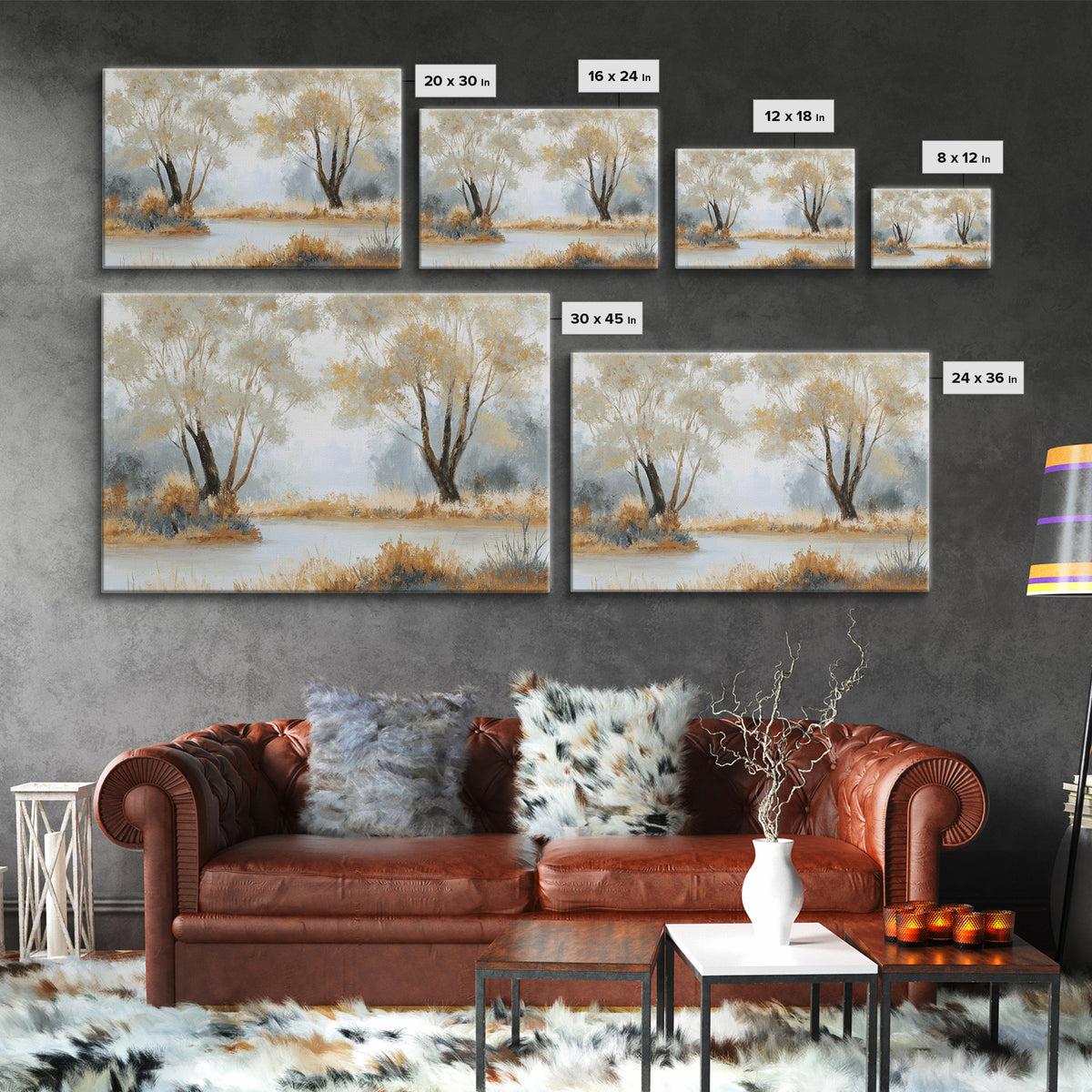 Misty Riverbank with Willow Trees Framed Canvas Print, Impressionist Art, Contemporary Art, Living Room Decor, Impression, IMP-3x2-39