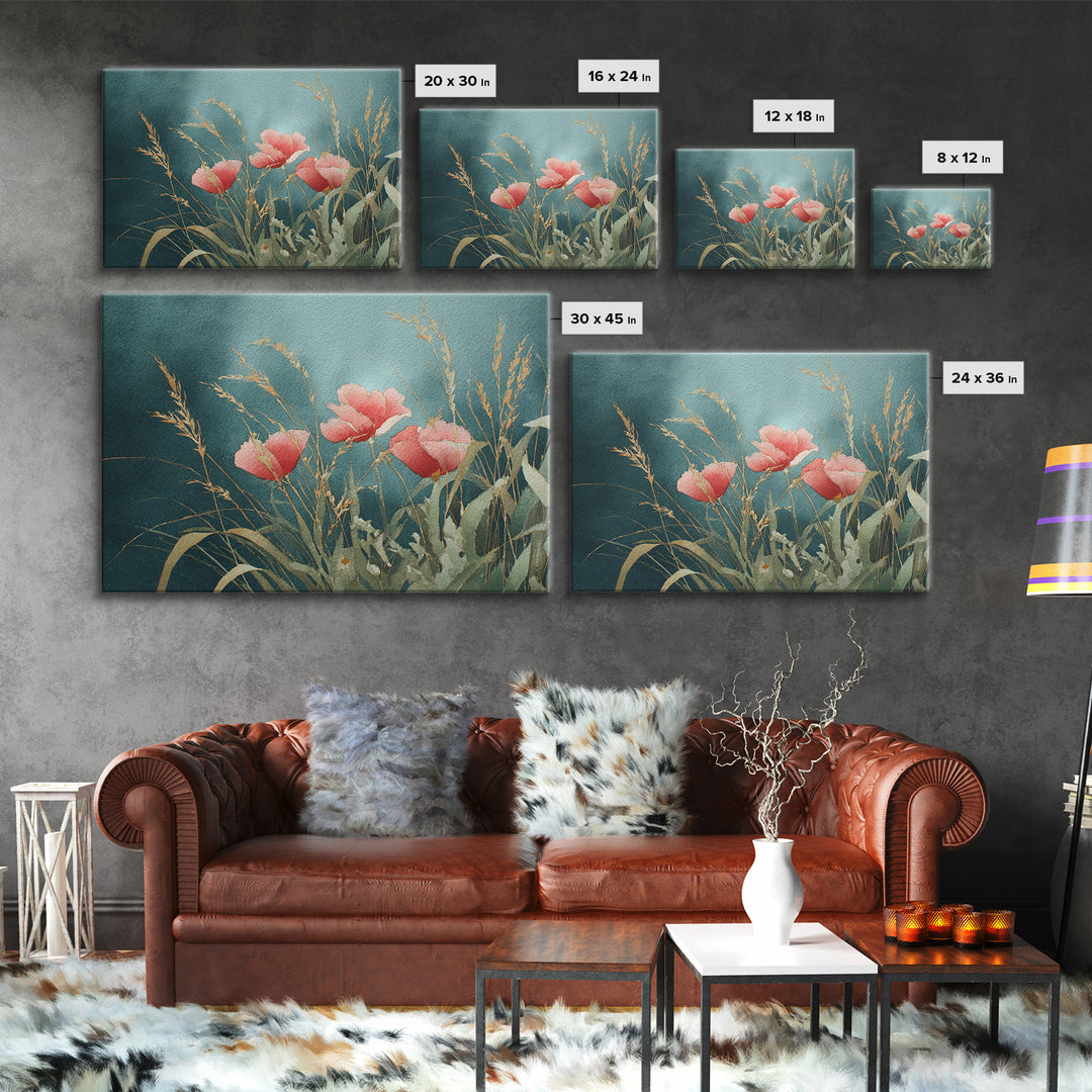 Poppies Blowing Through Green Grass Framed Canvas Print, Impressionist Art, Living Room Art, Living Room Decor, Oil Painting, IMP-3x2-40