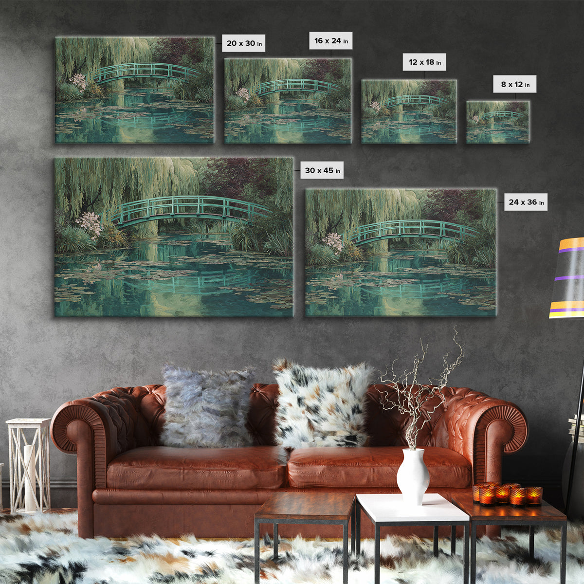 Water Garden Bridge Framed Canvas Print, Impressionist Art, Abstract Painting, Living Room Decor, Fine Art, Impression, IMP-3x2-46