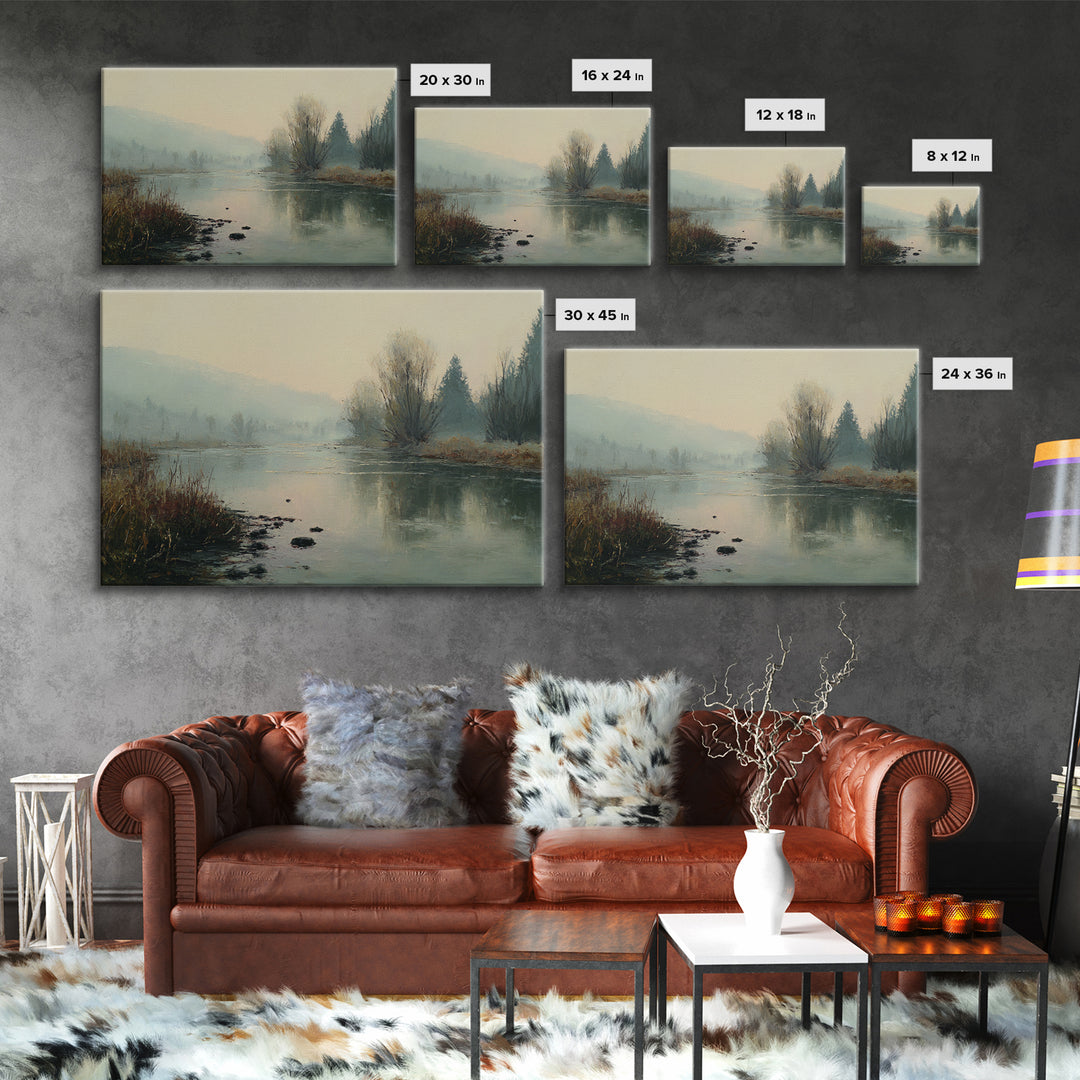 Misty Riverbank with Willow Trees Framed Canvas Print, Impressionist Art, Modern Art, Living Room Decor, Fine Art, Impression, IMP-3x2-63
