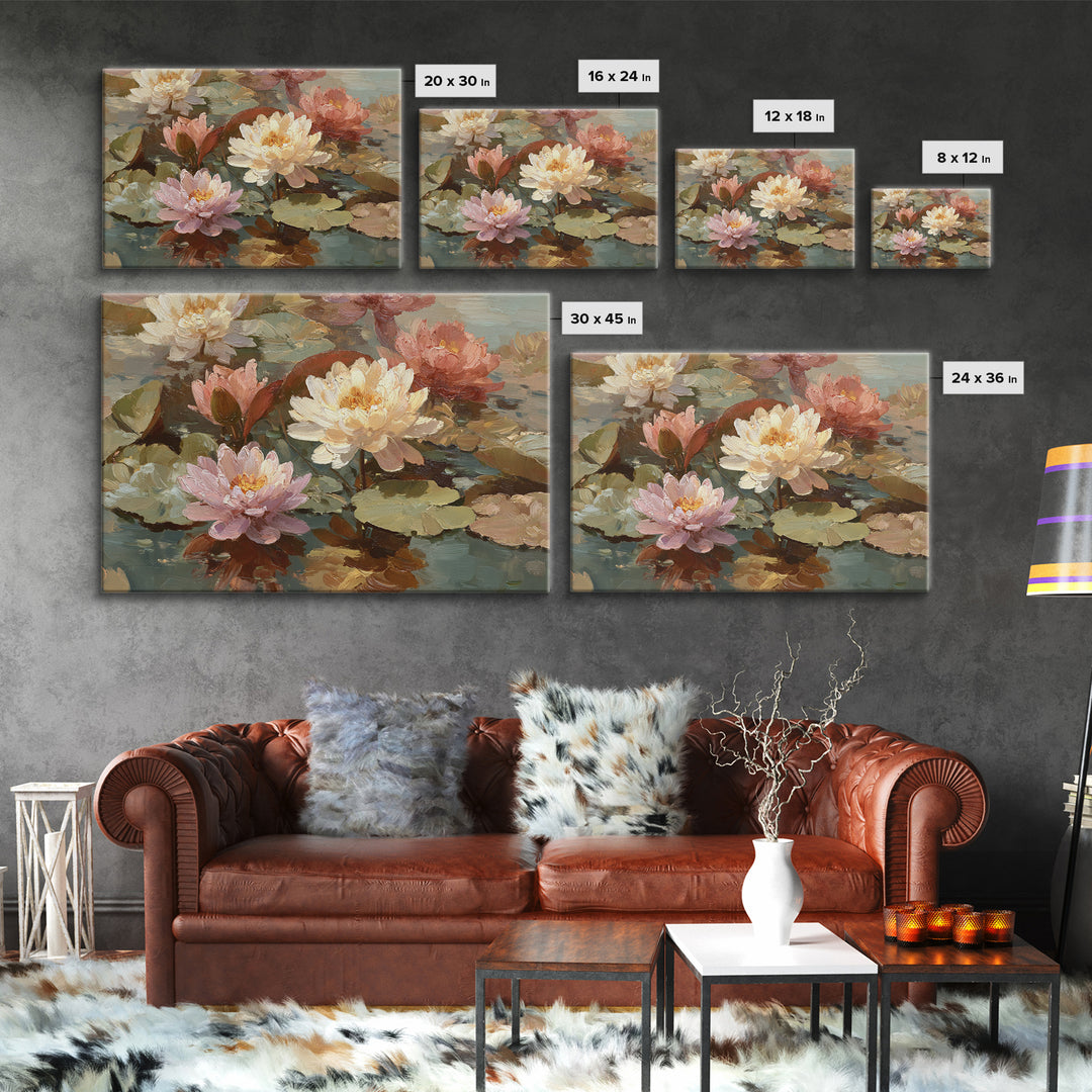 Water Lilies Floating on a Sunlit Pond Framed Canvas Print, Impressionist Art, Room Decor, Living Room Decor, Impression, IMP-3x2-77