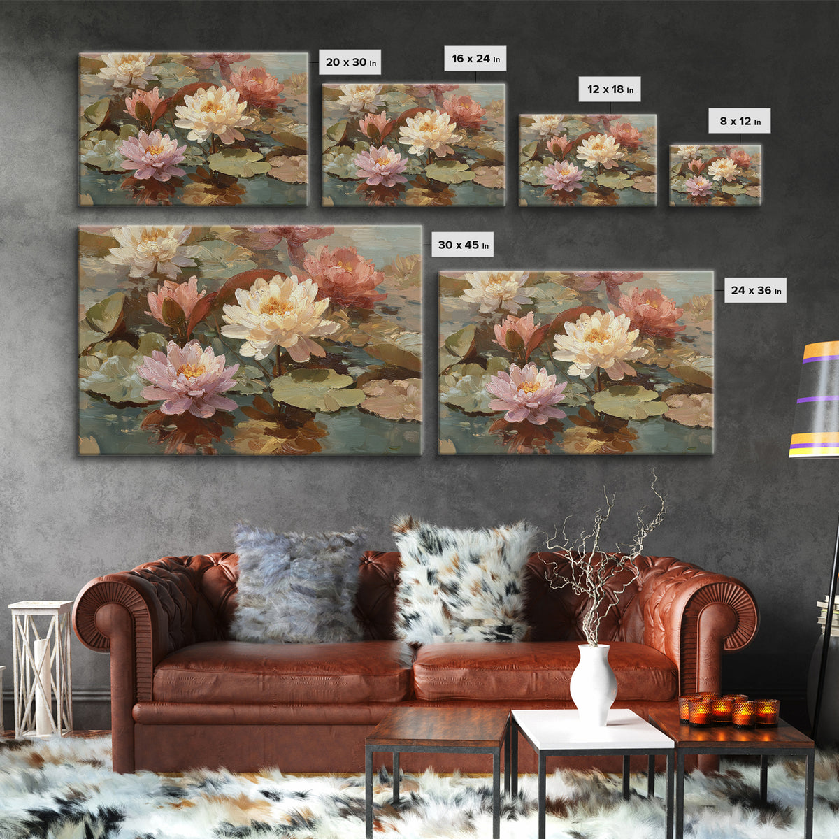 Water Lilies Floating on a Sunlit Pond Framed Canvas Print, Impressionist Art, Room Decor, Living Room Decor, Impression, IMP-3x2-77