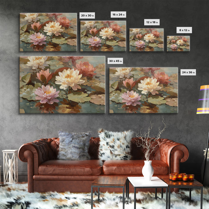 Water Lilies Floating on a Sunlit Pond Framed Canvas Print, Impressionist Art, Room Decor, Living Room Decor, Impression, IMP-3x2-77