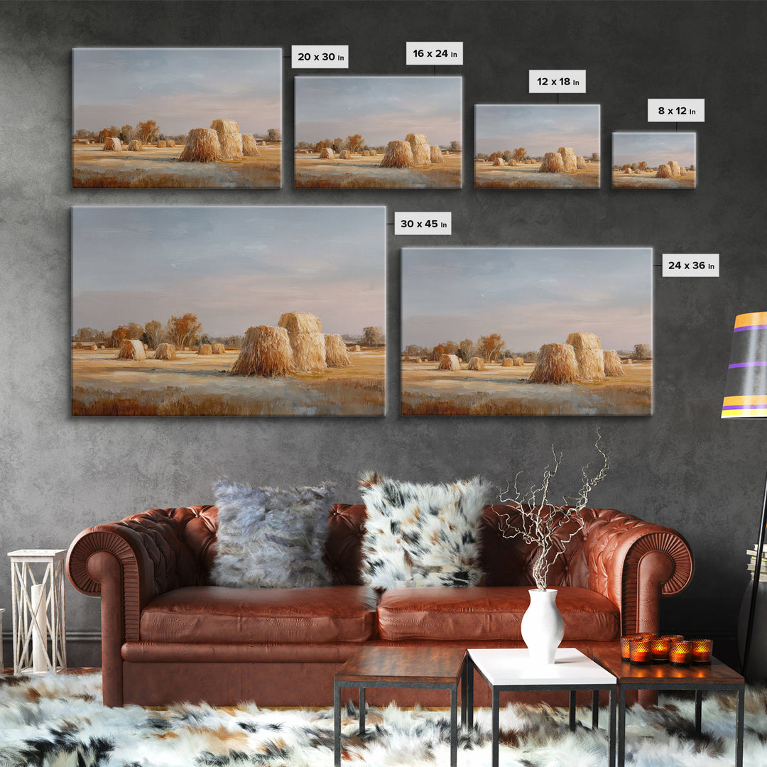 Haystacks Glowing at Golden Hour Framed Canvas Print, Impressionist Art, Living Room Decor, Watercolor Art, Impression, IMP-3x2-80