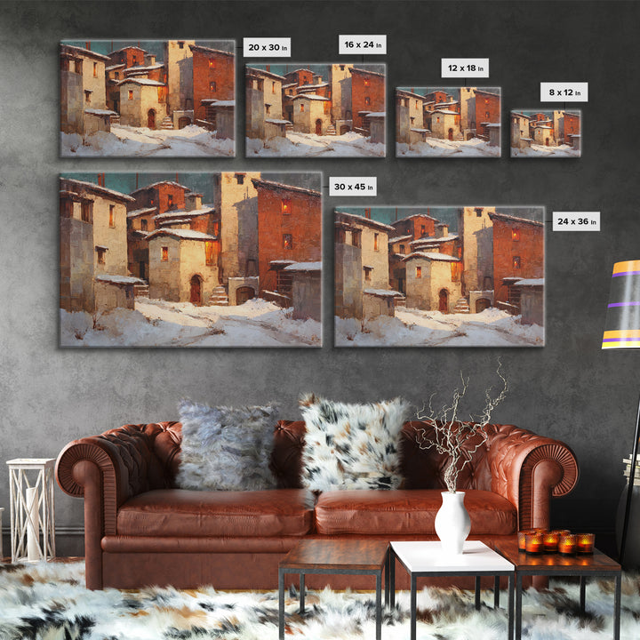 Snowy Village with Warm Glowing Windows Canvas Print, Impressionist Art, Boho Decor, Living Room Decor, Oil Painting, IMP-3x2-89