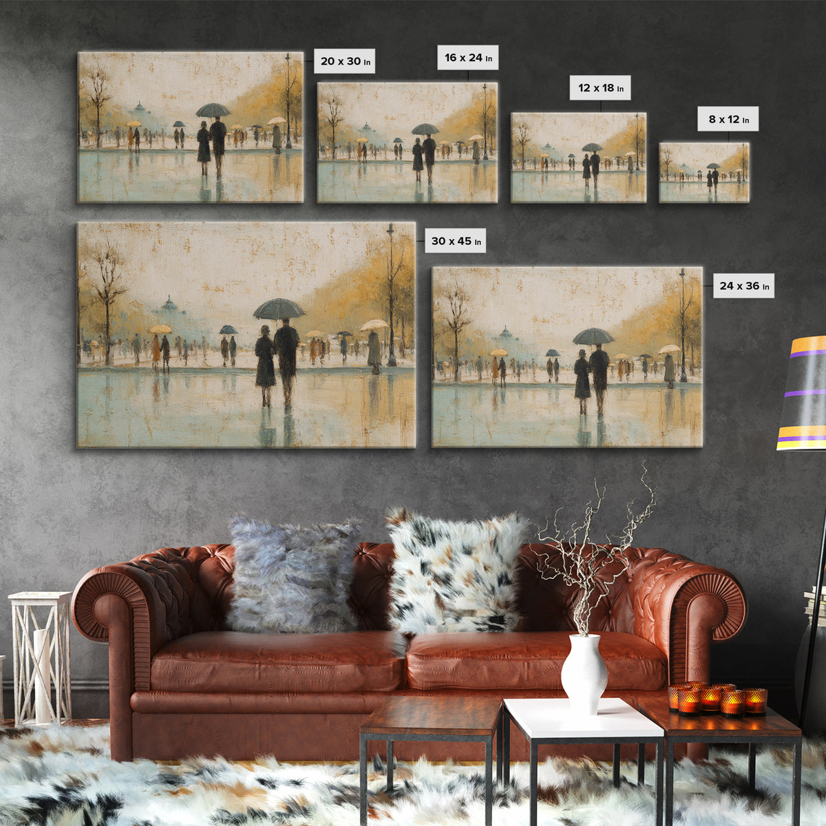 Rainy Boulevard with Umbrella Shapes Framed Canvas Print, Impressionist Art, Luxury Decor, Living Room Decor, Abstract Art, IMP-3x2-97