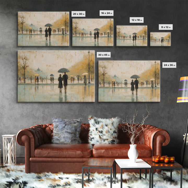 Rainy Boulevard with Umbrella Shapes Framed Canvas Print, Impressionist Art, Luxury Decor, Living Room Decor, Abstract Art, IMP-3x2-97